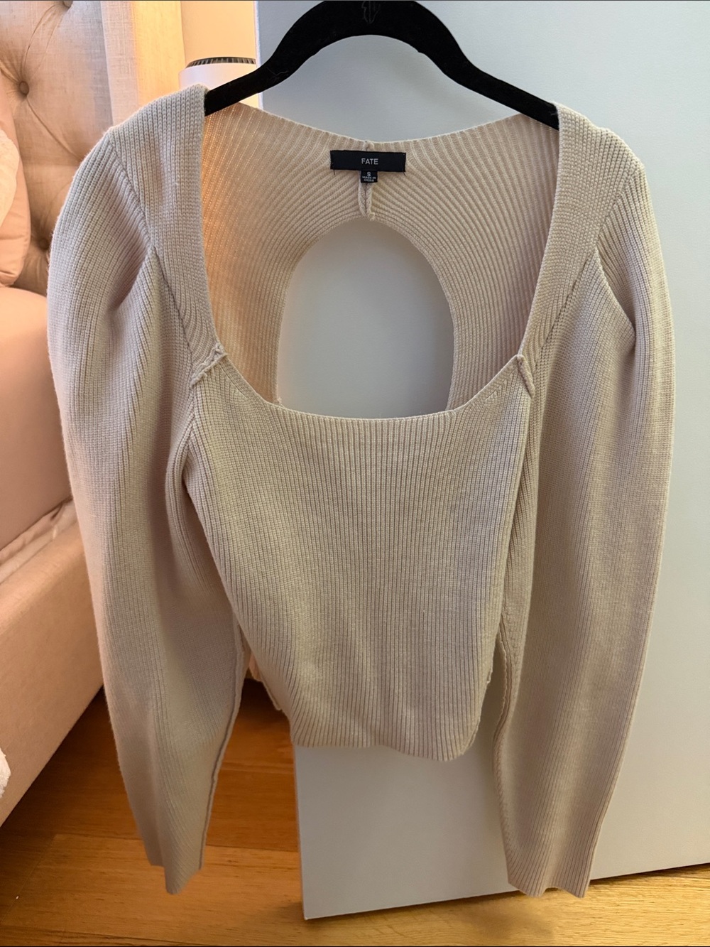 Fate Cream Ribbed Off-Shoulder Sweater with Open Back Cutout